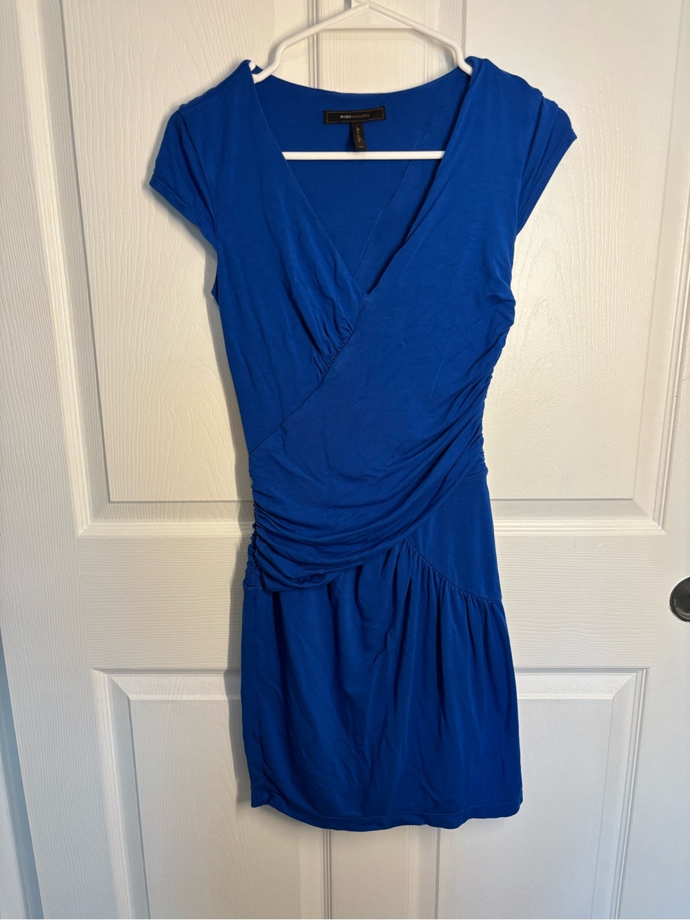 BCBGMAXAZRIA Aligned Blue Ruched Faux Wrap Dress XS Stretch